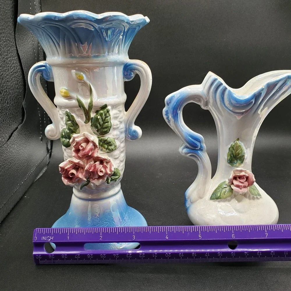 Bud Vase Lot 2 raised flowers Pitcher Jug Colorful Piece vintage decorative Blue